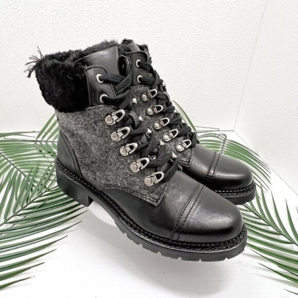 FRYE Women's Samantha Hiker Black Leather Lace Up Combat Bootie Size 5.5M NWB